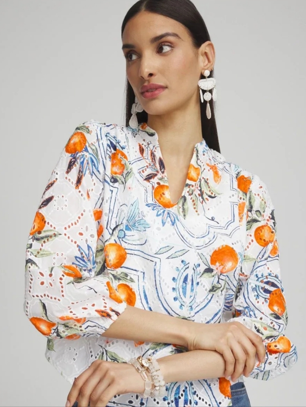 Chicos Tropical Eyelet Breezy Summer Oranges 100% Cotton Popover Shirt Sz 3/16